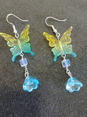 Blue yellow butterfly, flower, iridescent glass beads dangle earrings New